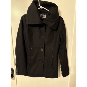 Green With Envy Black Wool Blend High Collar Peacoat Jacket Women Size S MINT